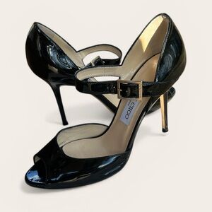 Jimmy Choo Black Patent Leather Mary Jane Peep-Toe Heels with Gold Buckle